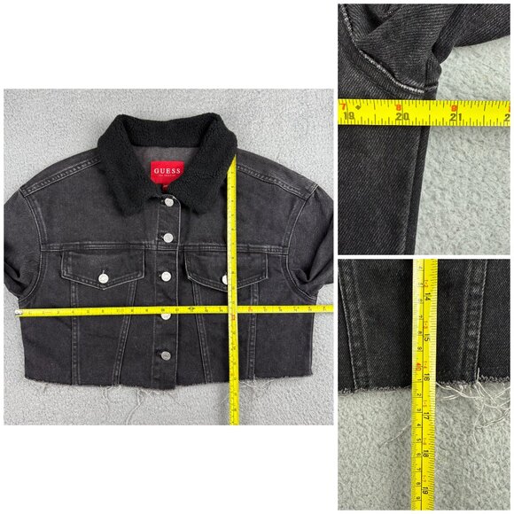 Guess Jacket Womens Small S Black Denim Colbie Sherpa Collar Cutoff Cropped Jean - Picture 10 of 10